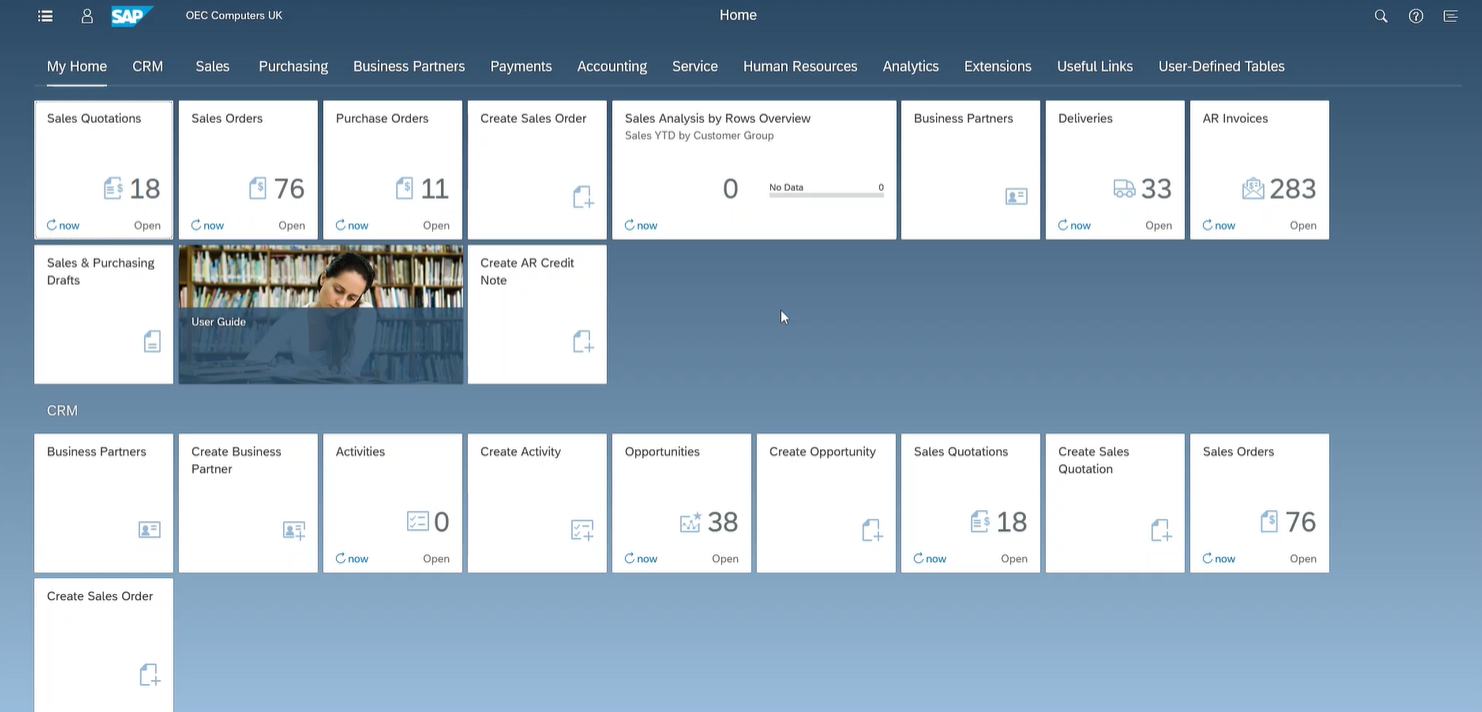 SAP Business One Web Client dashboard with role-based tiles